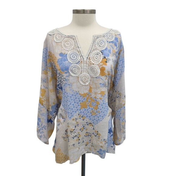 Zac & Rachel Womens 2X Boho Floral Tunic Top Crochet Lace Neckline Patchwork - Picture 1 of 12